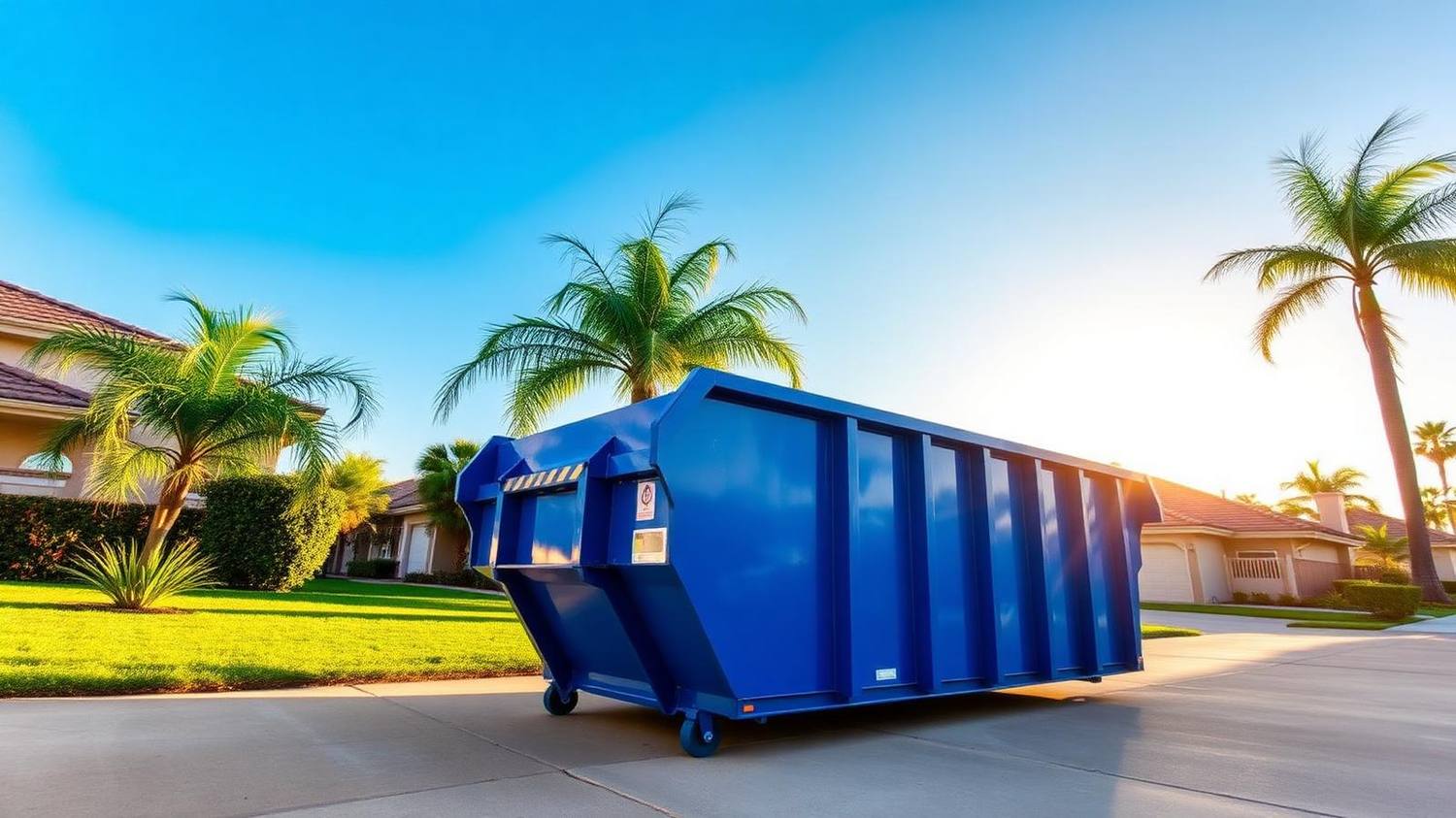 Blue roll-off dumpster delivered to an Irvine California driveway